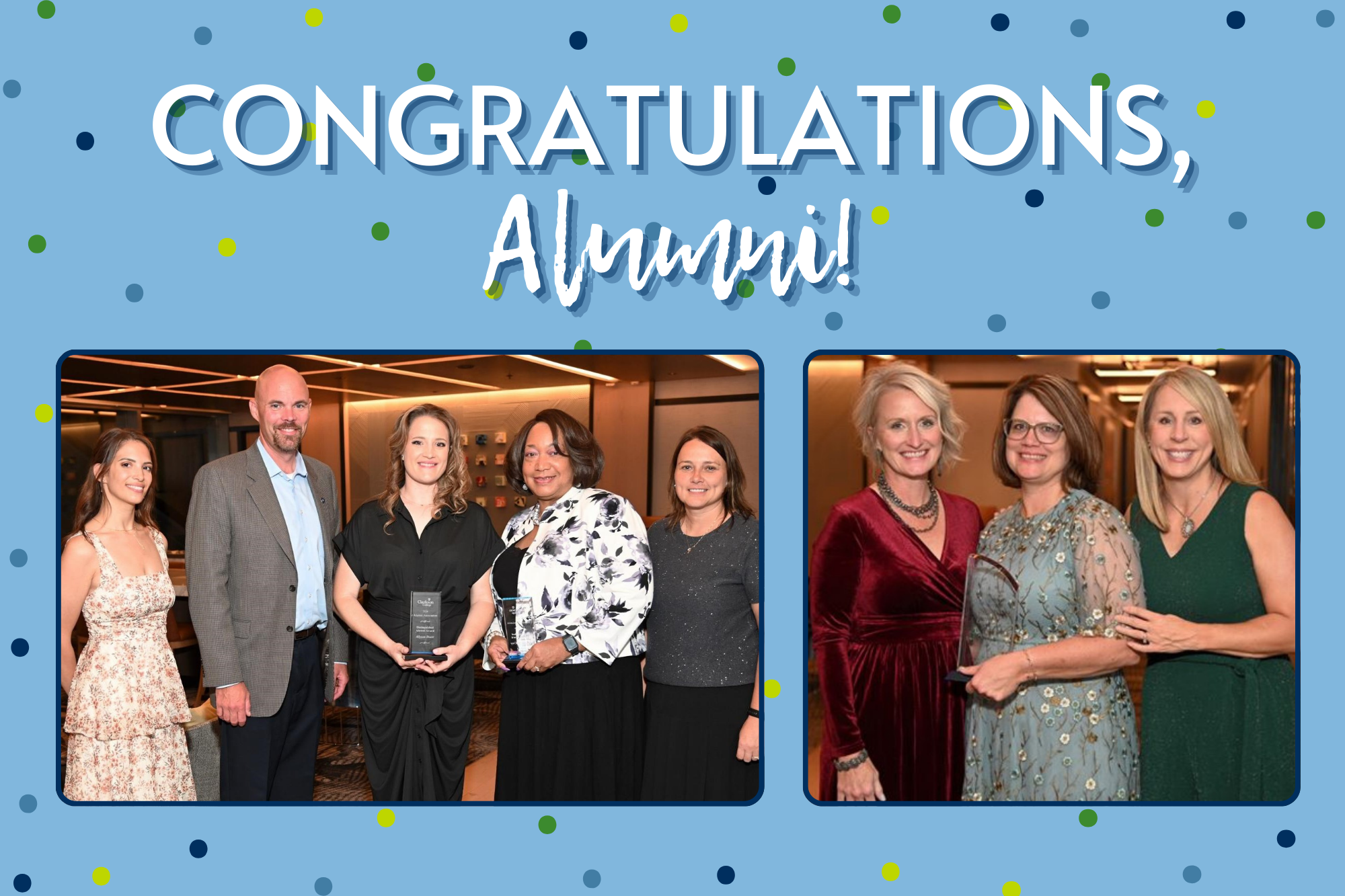 2 alumni receive awards, standing with College Alumni coordinator, Board President, and President Nebel.