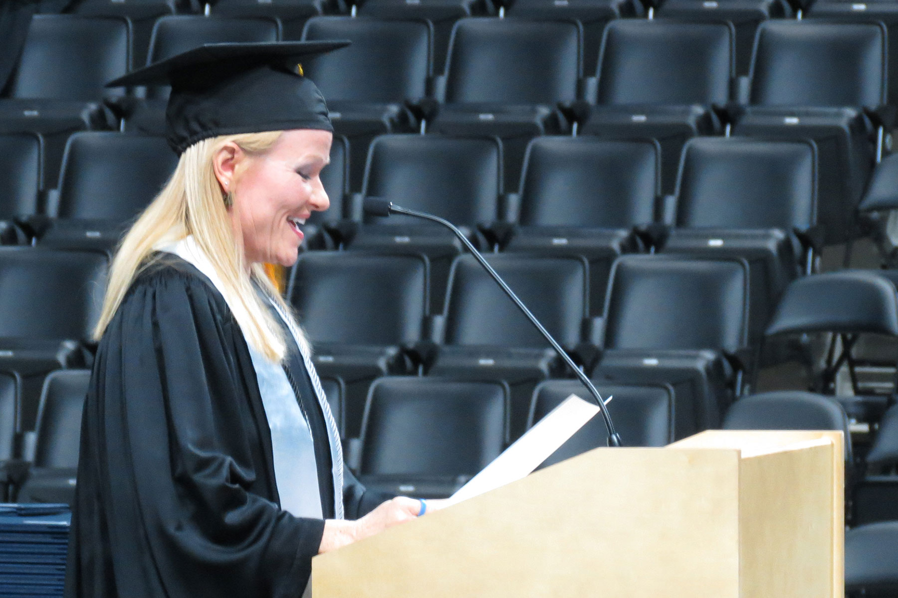 Debra Wagers delivering the spring 2016 commencement speech