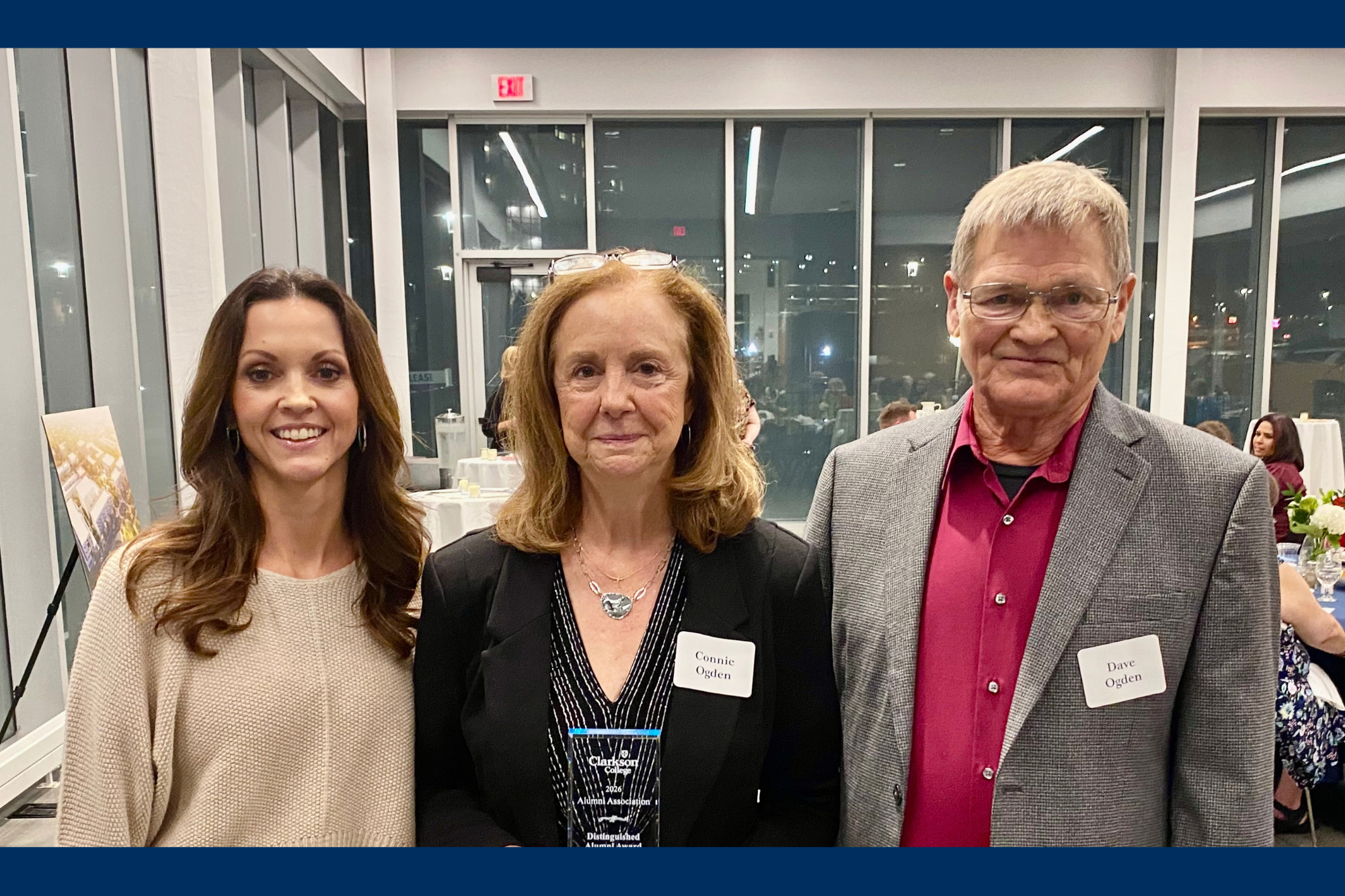 Connie Odgen, award recipient, pictured with Dave Ogden (husband) and Dr. Rachel Holm (daughter)